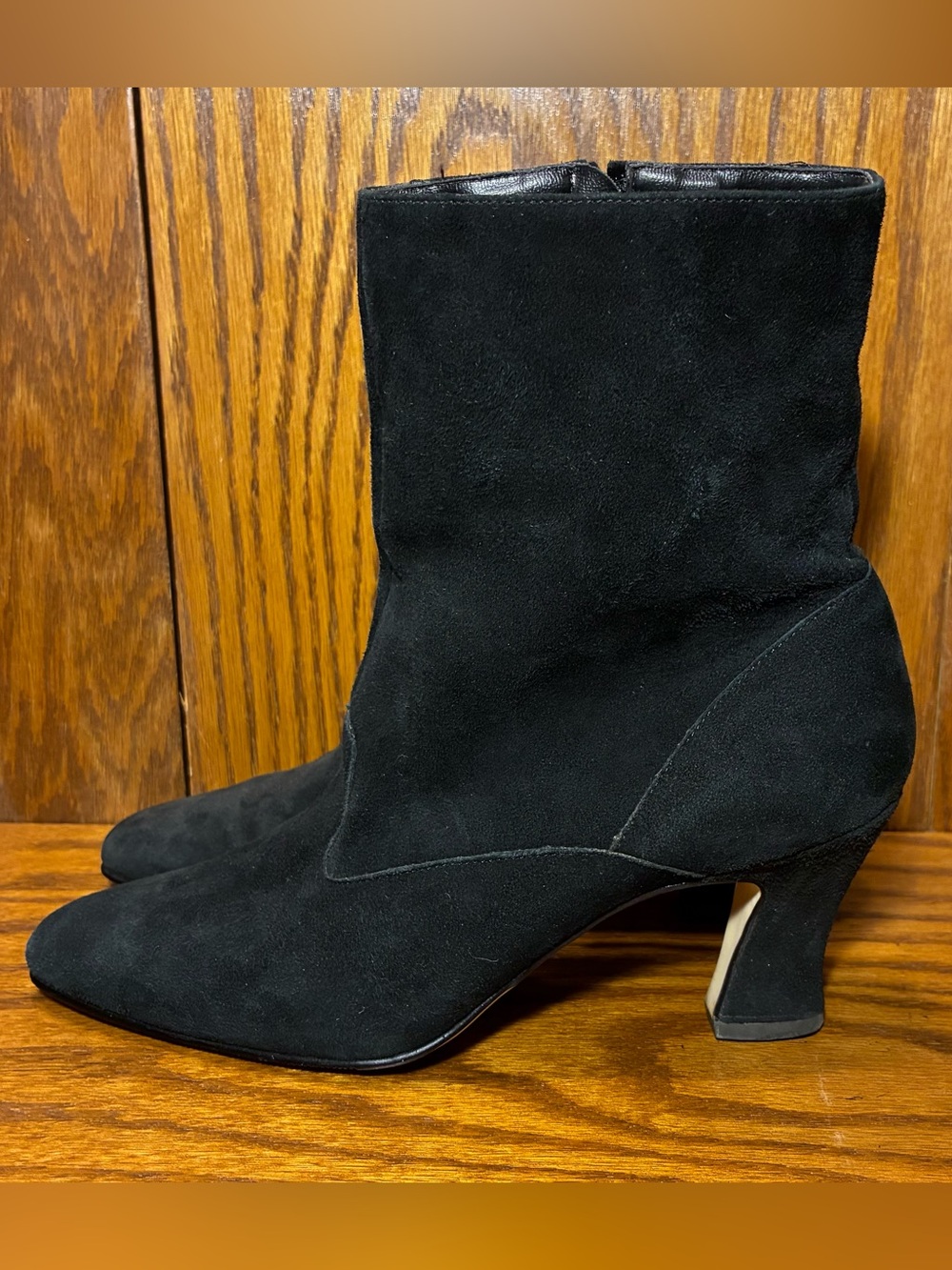 90s Calico Suede French Heel Ankle Boots BRAZIL MADE Vintage Black 7.5 Narrow